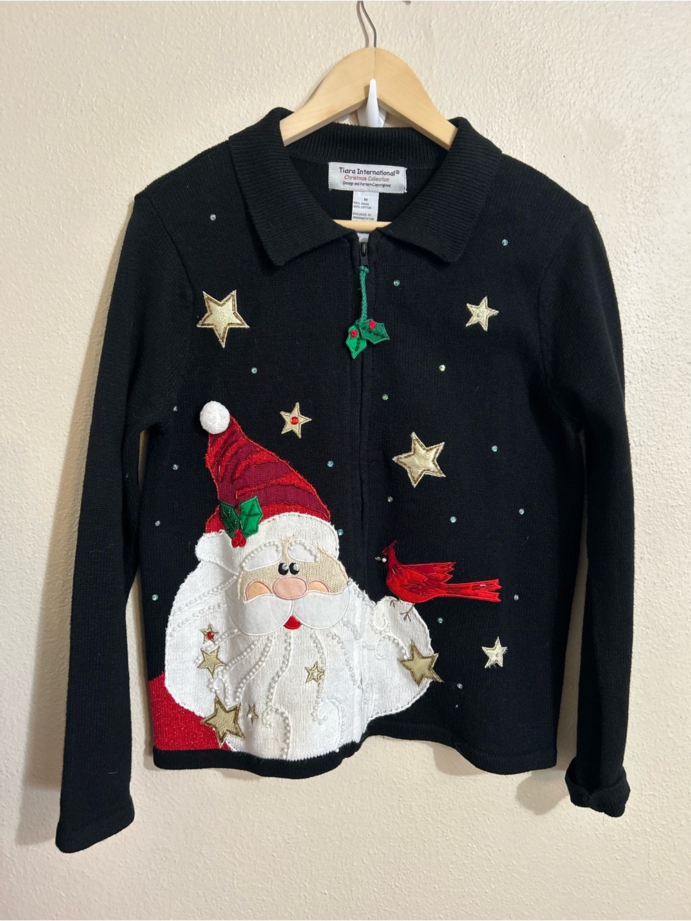 Tiara International Christmas Sweater Medium Santa Cardigan Zip Sweater Beaded